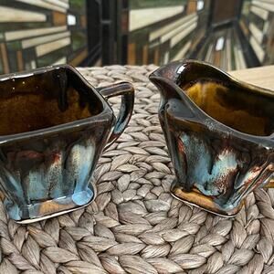 Dryden Pottery Creamer & Sugar Bowl Set in Aqua and Brown Glaze